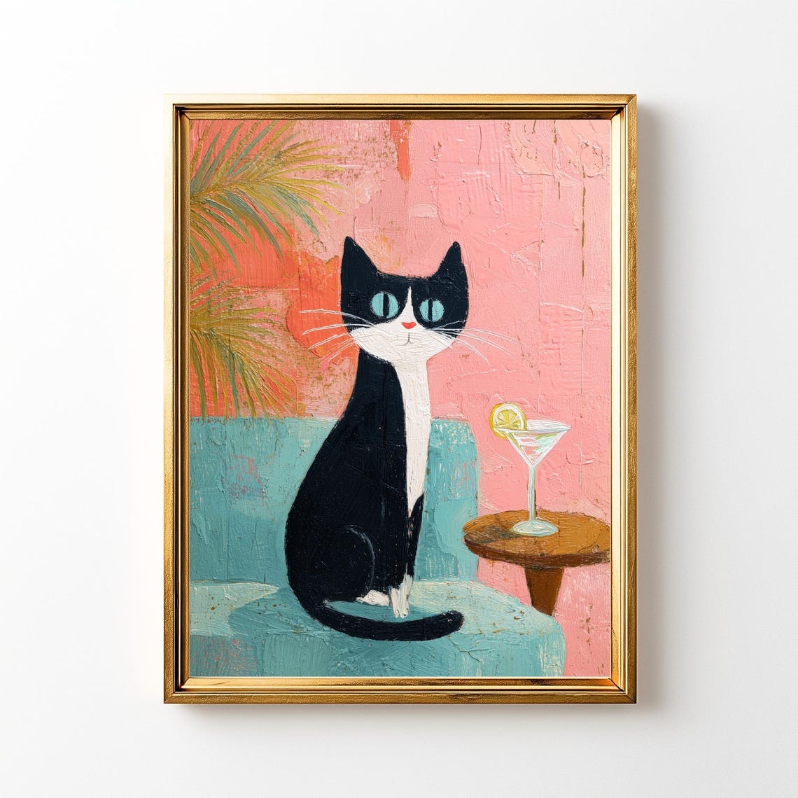 Retro Tuxedo Cat With Martini Cocktail Pink Vintage Art Poster