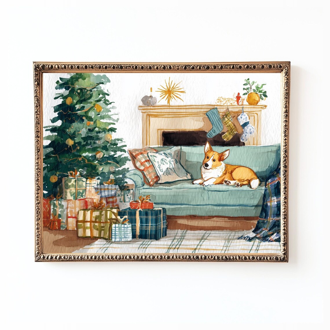 Christmas Corgi Art Print, Cozy Holiday Decor