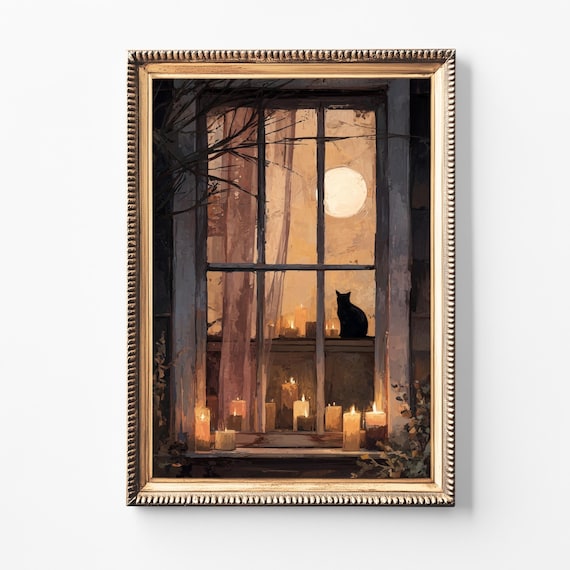 Vintage Black Cat Halloween Print Spooky Fall Decor