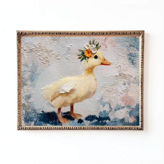Sweet Baby Duckling Floral Crown Pastel Blue Nursery Art Print