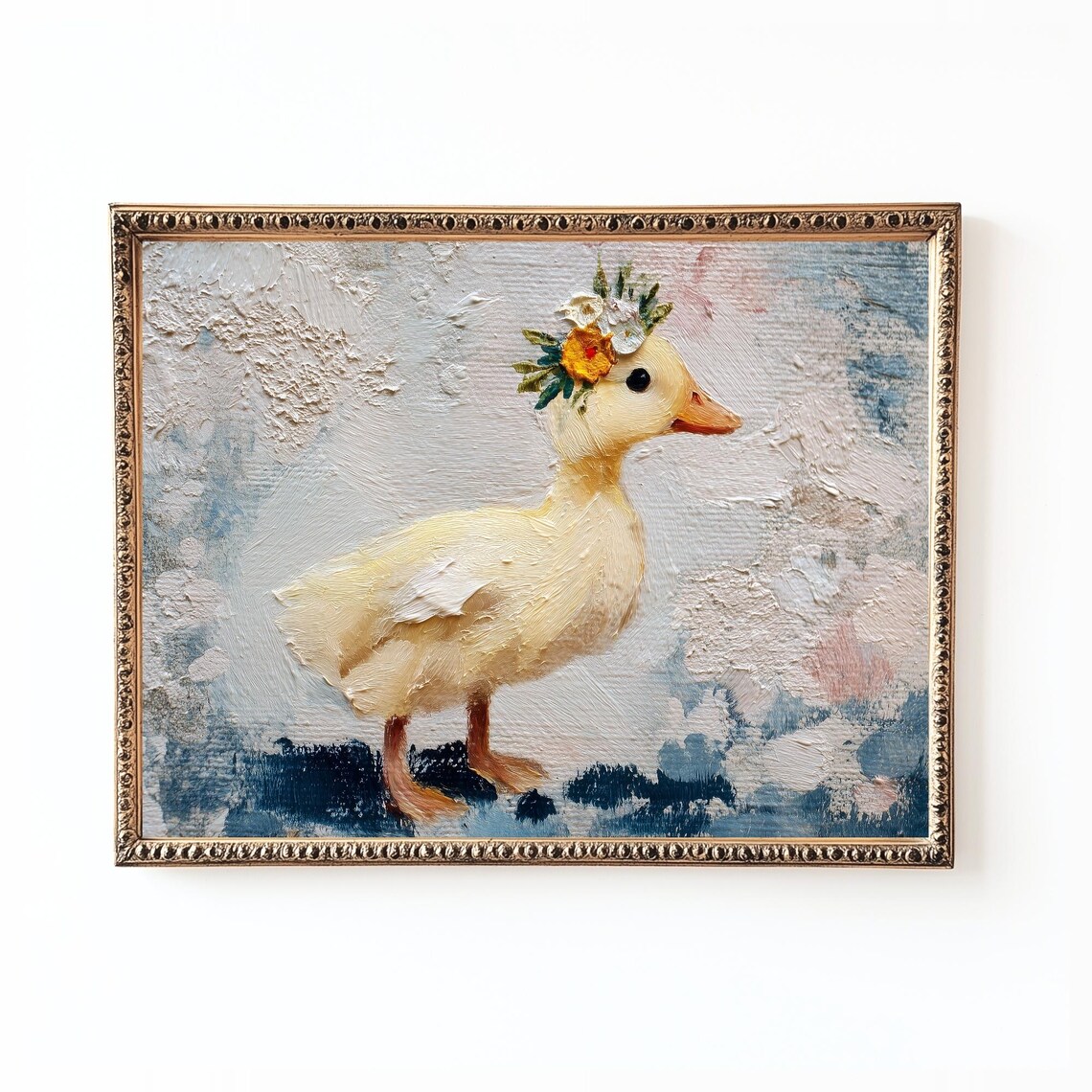 Sweet Baby Duckling Floral Crown Pastel Blue Nursery Art Print