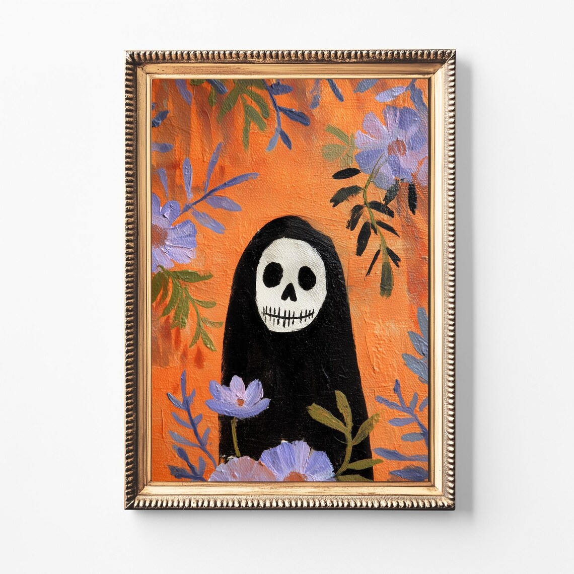 Whimsical Halloween Skull Floral Skeleton Art Print