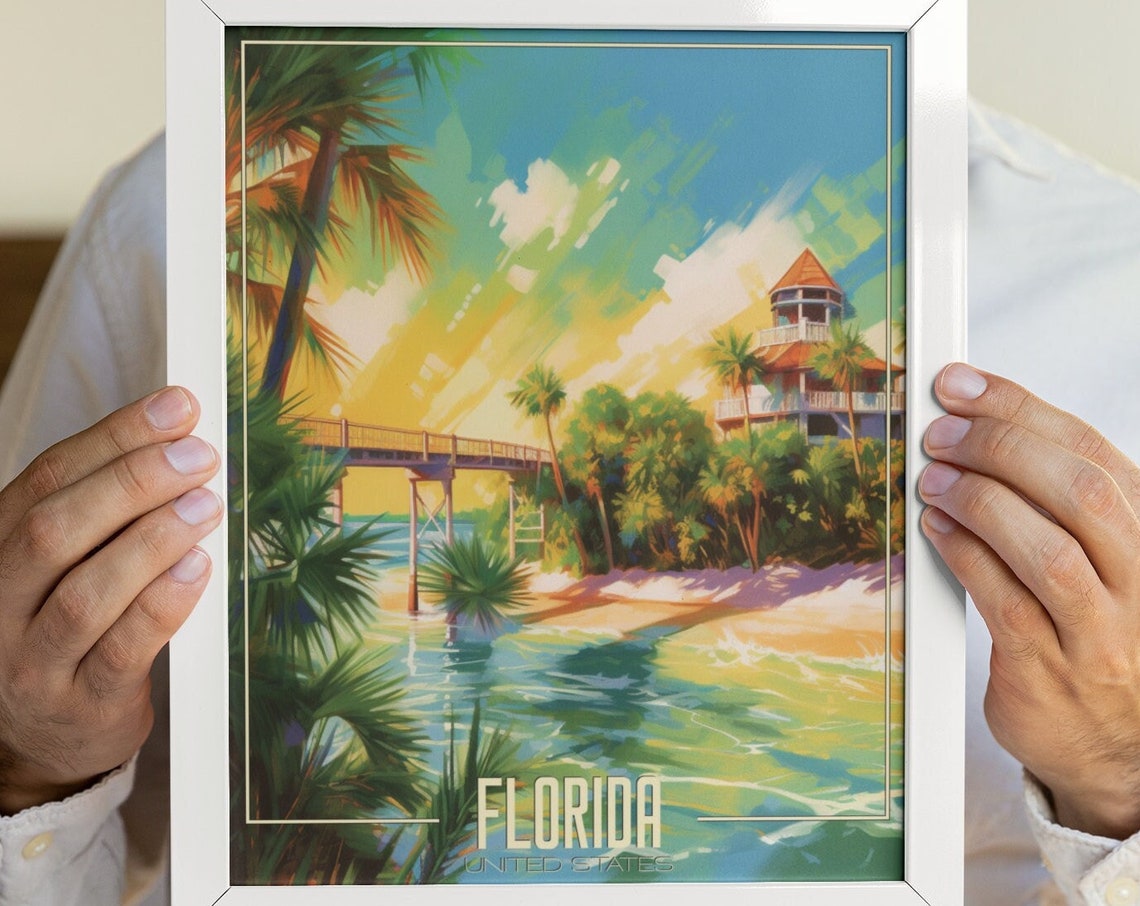 Florida Beach House Pier Palm Trees Colorful Pop Art Travel Poster