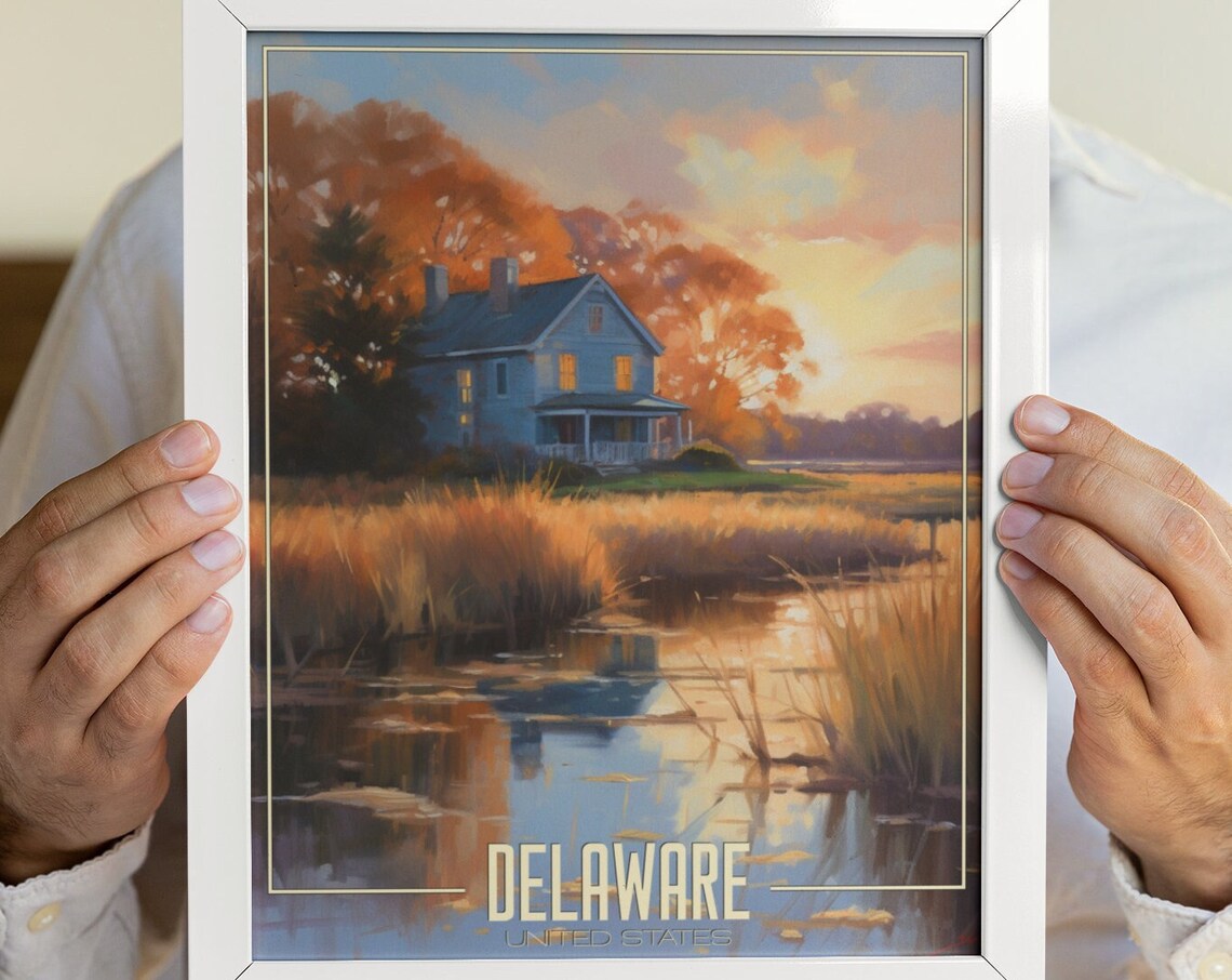 Delaware Farmhouse Marsh Sunset Quiet Still Wetland Travel Poster