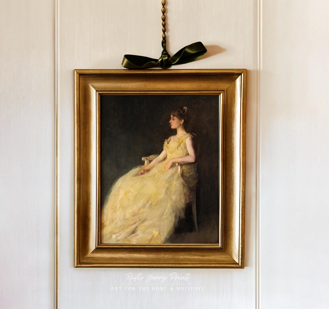 Lady in Yellow Flowing Gown Seated Classical Portrait Vintage Art Print