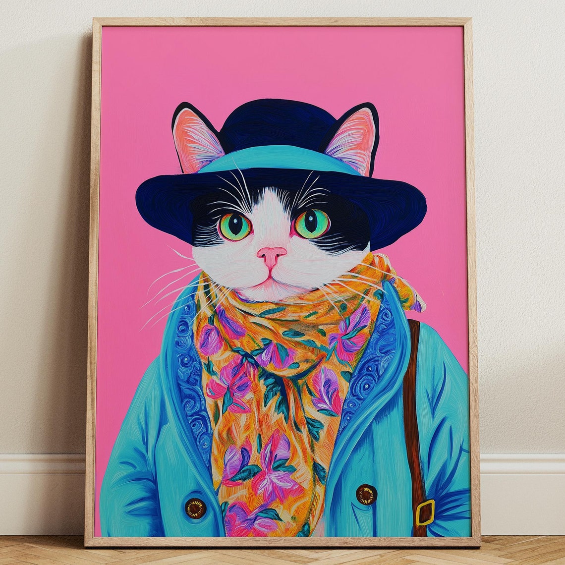 Dapper Cat Portrait In Hat Coat And Floral Scarf On Pink Poster