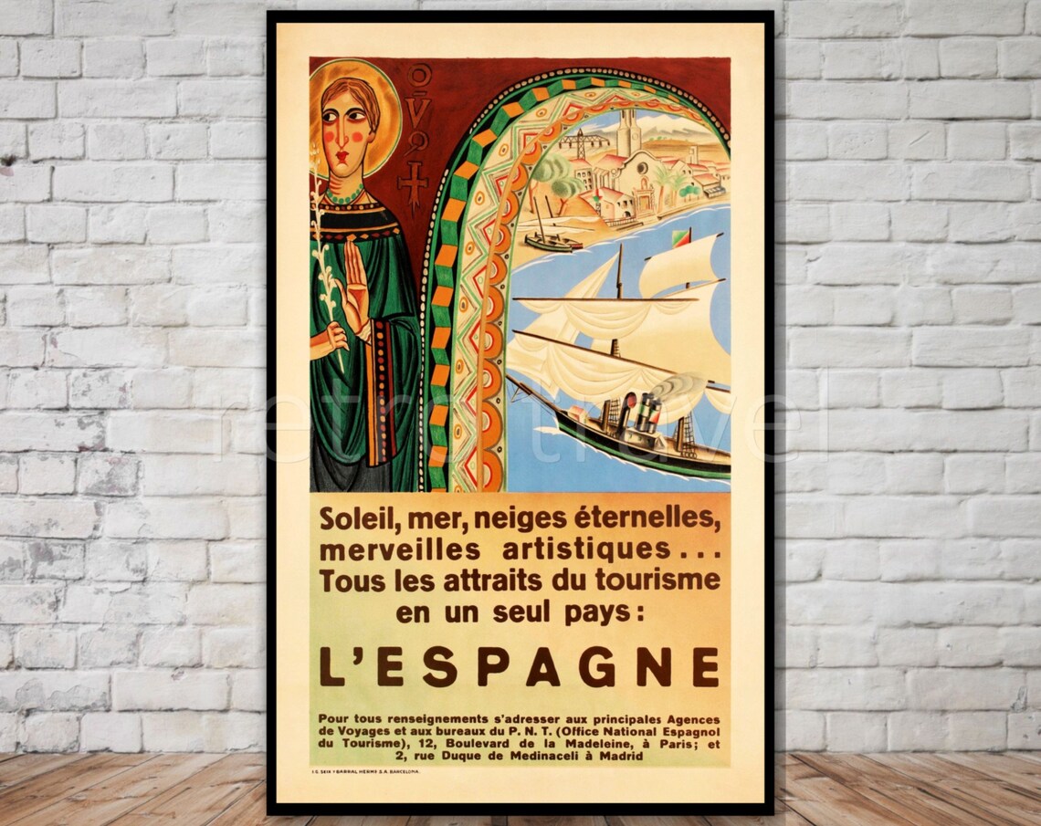 L'Espagne French Tourism Tall Ship Mid Century Travel Poster