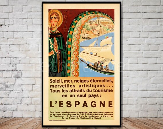 Spain Travel Poster Lespagne Tourisme Instant Retro Travel Print Religious Spain Art Spanish Boat Wall Art