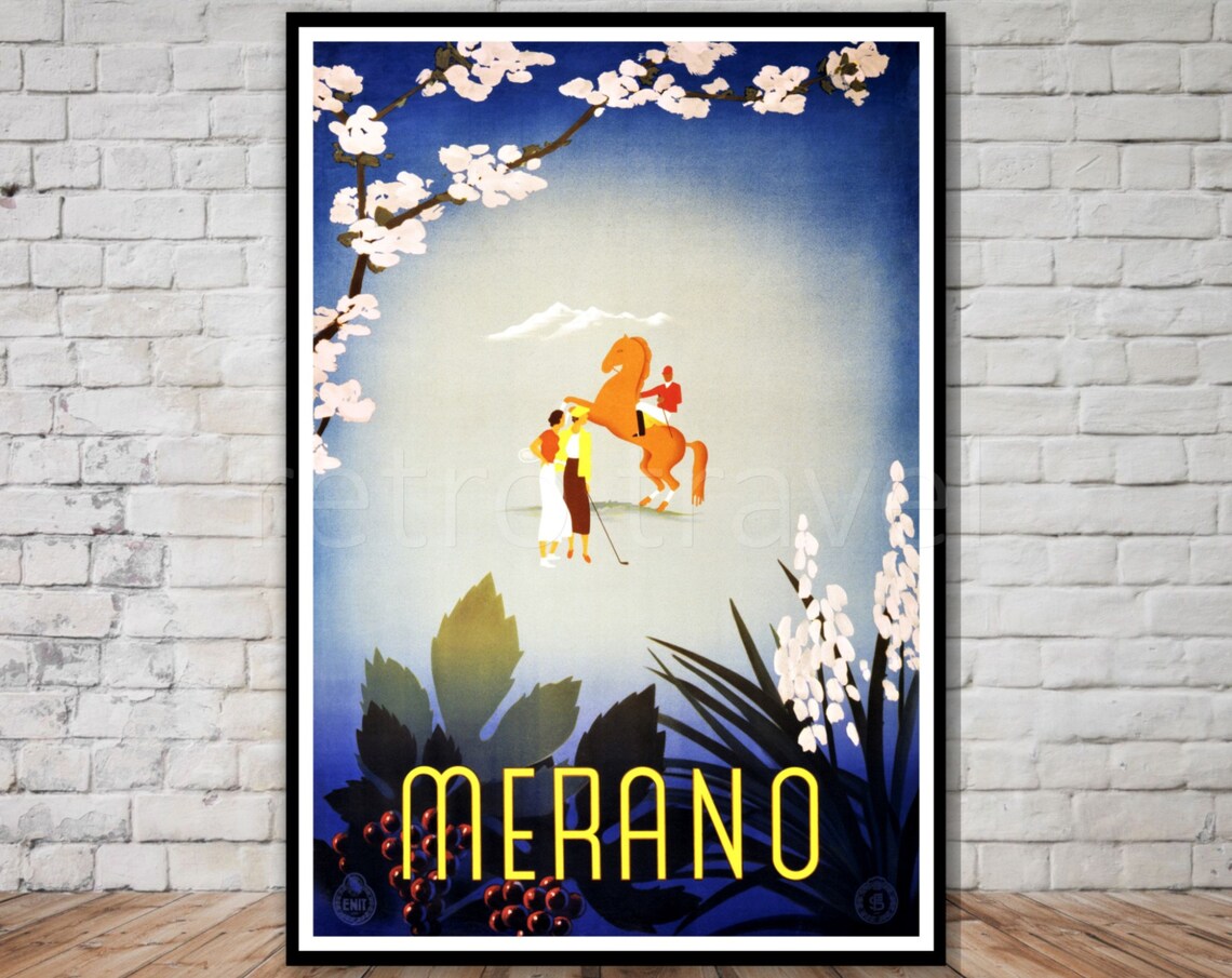 Merano Italy Rearing Horse Blossom Vintage ENIT Travel Poster