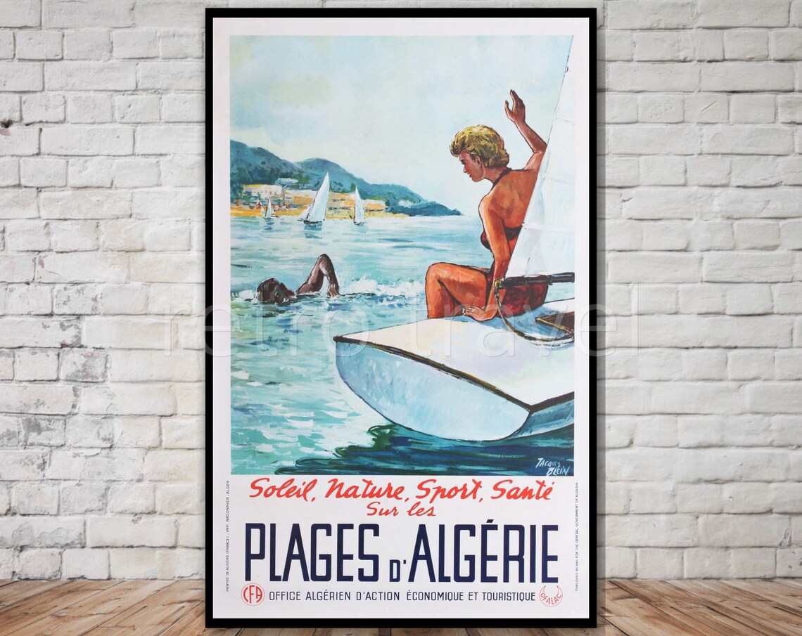 Algeria Beaches Vintage Sailing Sport Sun Travel Poster Girl