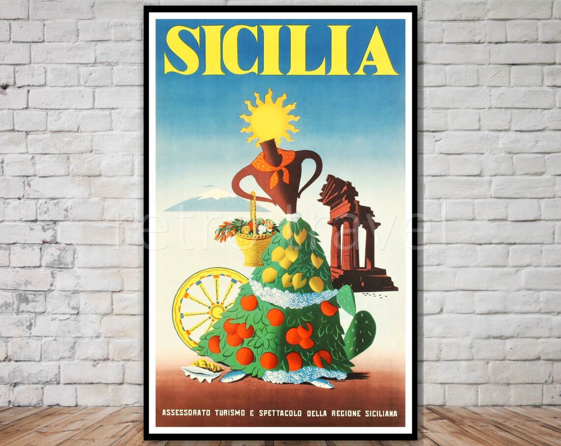 Sicilia Citrus Fruit Woman With Greek Temple Retro Travel Poster