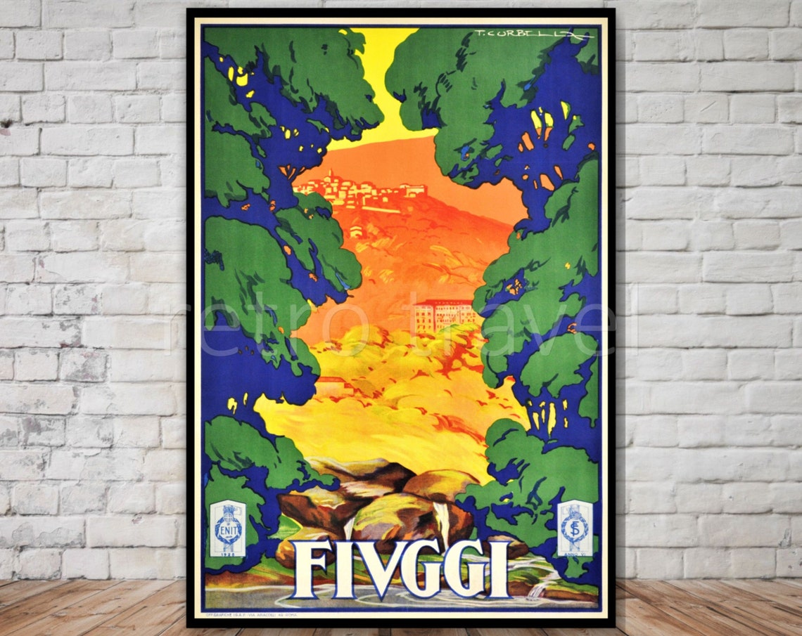 Fiuggi Italy Vintage Sunset Hills Waterfall Poster Spa Town View