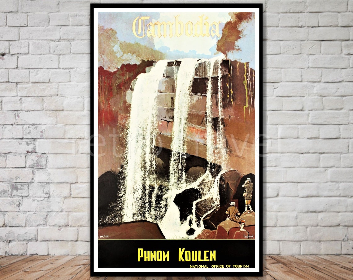 Cambodia Phnom Koulen Waterfall Vintage Asia Travel Poster Art
