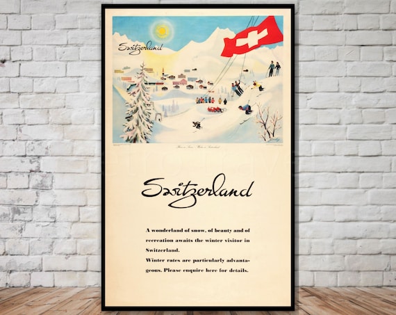 Switzerland Winter Wonderland Vintage Ski Poster Swiss Flag Retro Art
