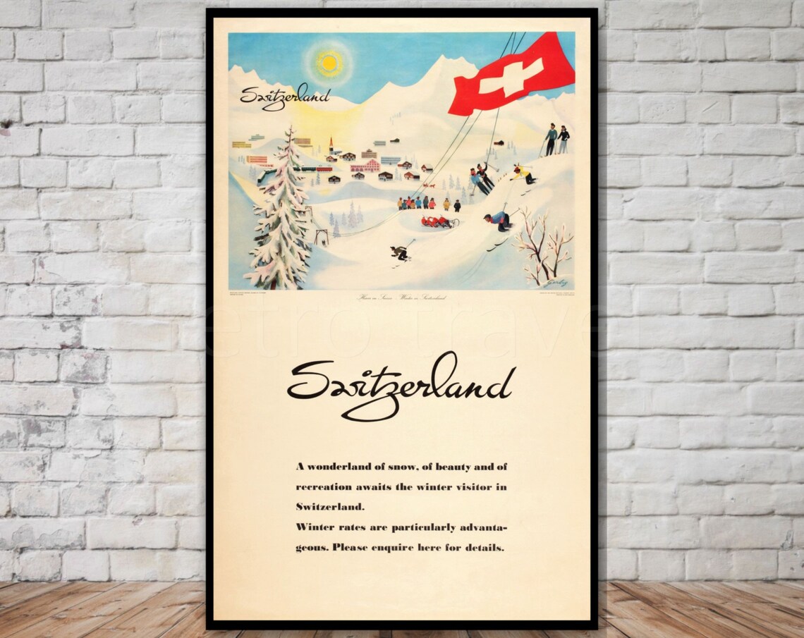 Switzerland Winter Wonderland Vintage Ski Poster Swiss Flag Retro Art