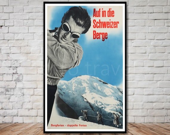 Off To The Swiss Mountains Travel Poster Instant Switzerland Travel Poster Swiss Mountaineering Wall Art