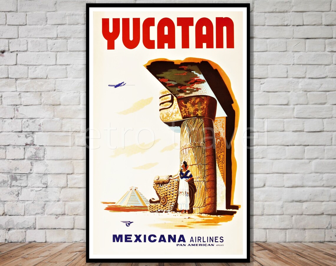 Yucatan Mexico Vintage Travel Poster, Retro Travel Art