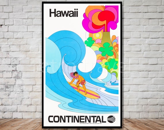 Hawaii Travel Poster, Vintage Surfing Retro Travel Print