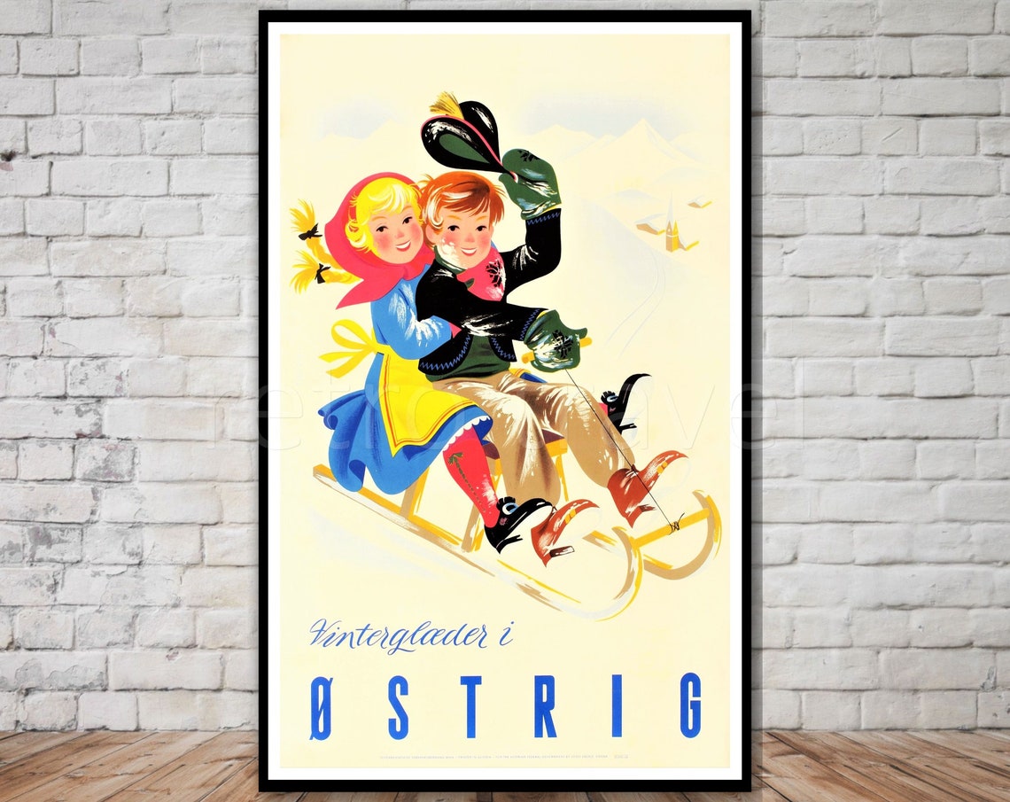 Winter In Ostrig Austria Vintage Ski Poster Sledding Children