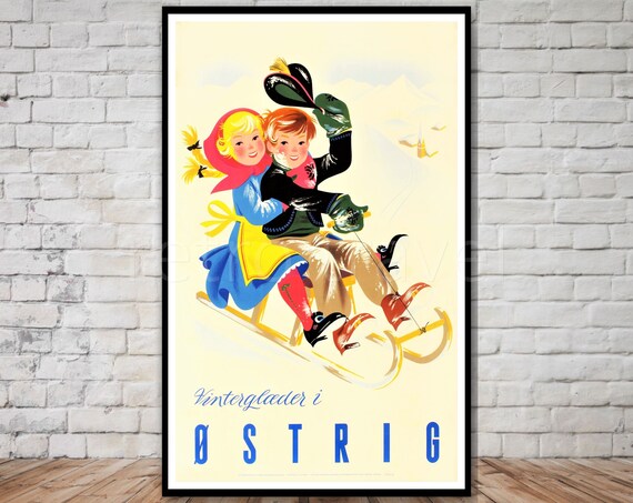 Winter In Ostrig Austria Vintage Ski Poster Sledding Children