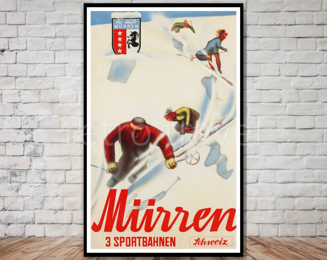 Mürren Switzerland Downhill Ski Racers Vintage Retro Ski Poster