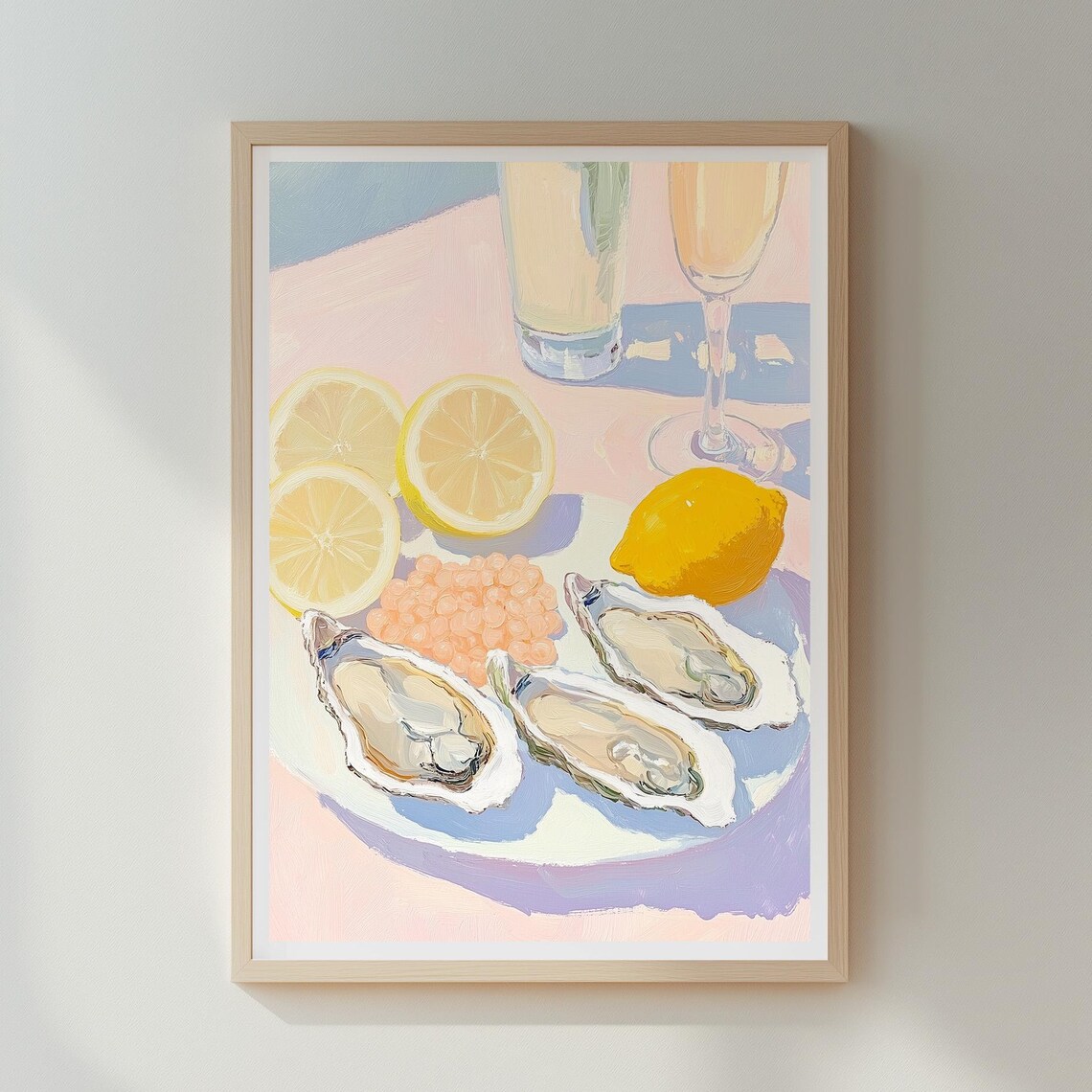 Pastel Oyster and Lemon Brunch Still Life with Champagne Poster