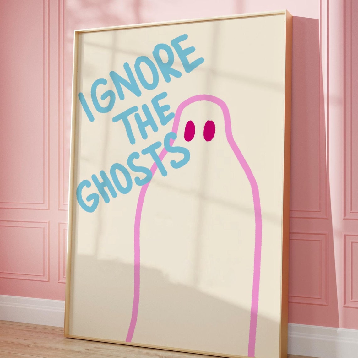 Ignore The Ghosts Cute Pink Ghost Halloween Blue Text Poster