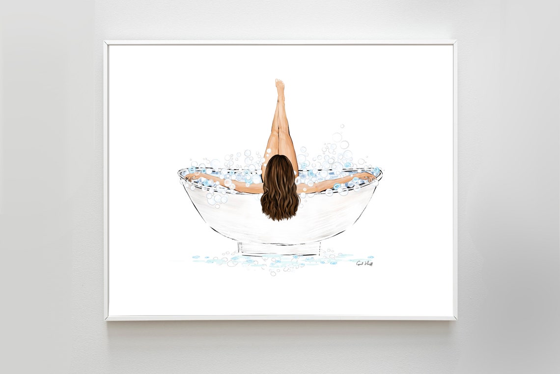 Elegant Brunette Woman Soaking in a Relaxing Bubble Bath Poster