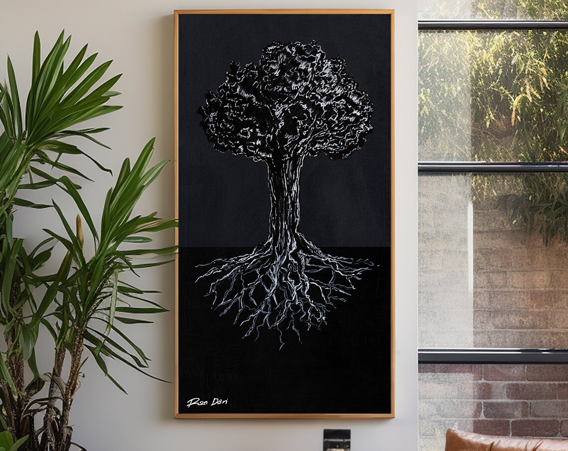 Tree of Life in White on Black with Visible Roots Vertical Art Poster - Image 5