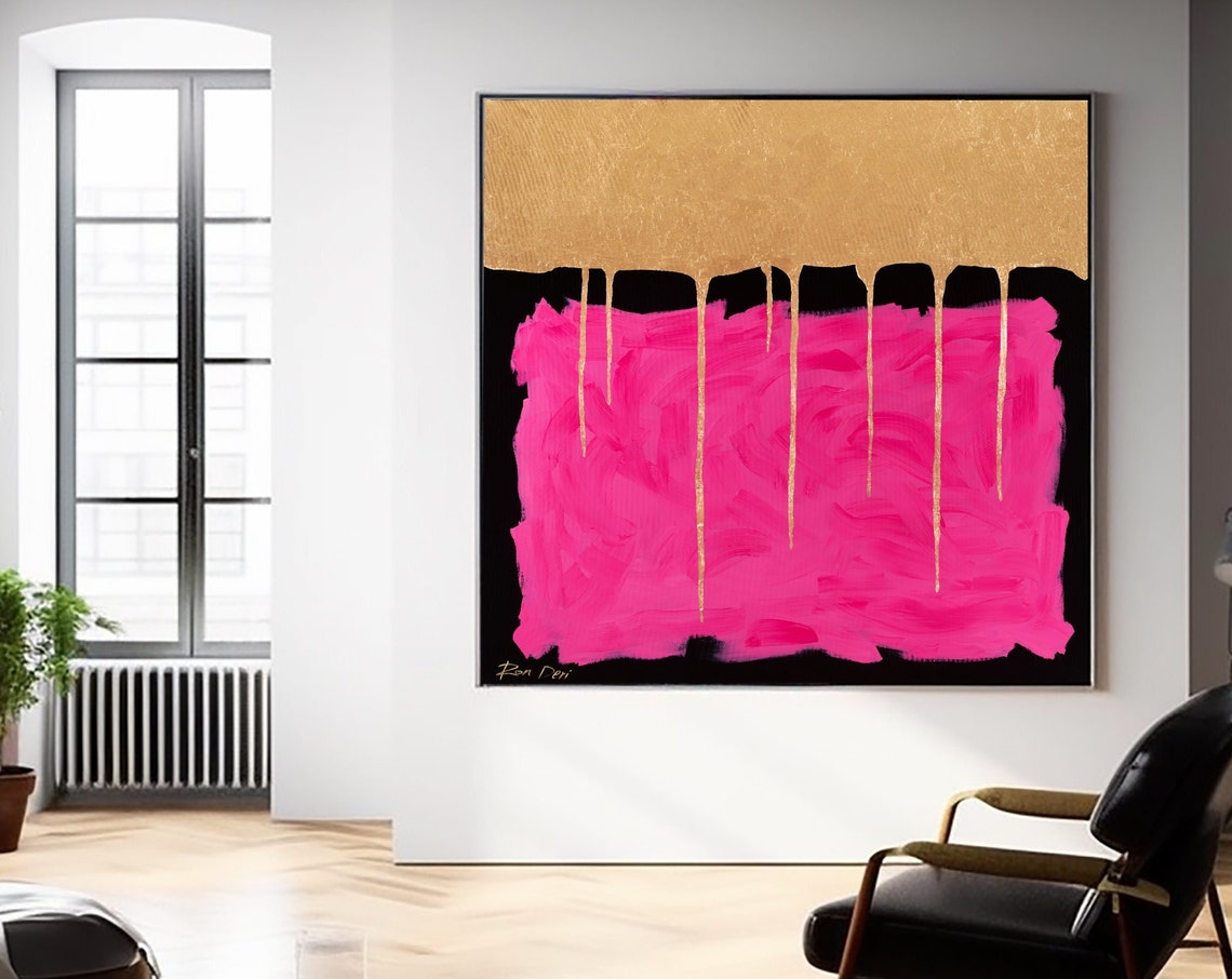 Gold Drip Over Hot Pink Modern Abstract Painting By Ron Deri Poster - Image 4