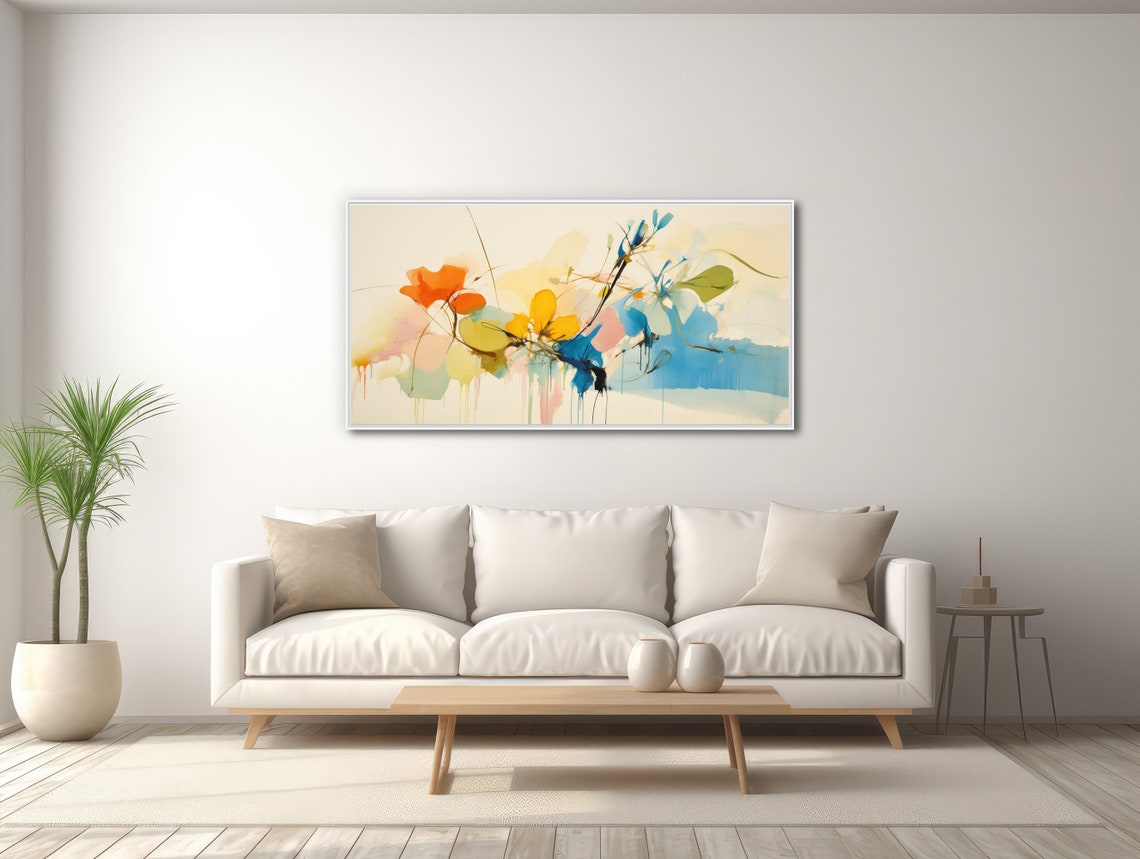 Panoramic Loose Watercolor Flowers Orange Blue Beige Art Poster - Image 3