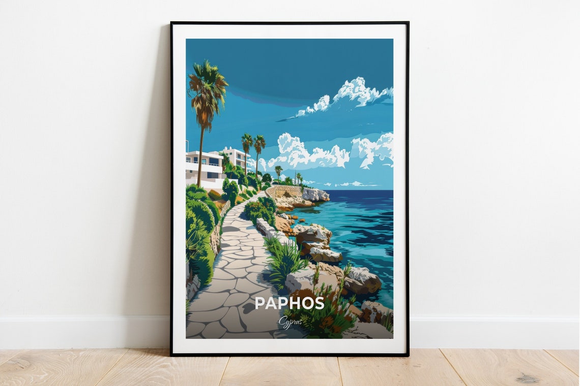 Paphos Cyprus Paphos Harbour Coastal Path Palms Sea Travel Poster