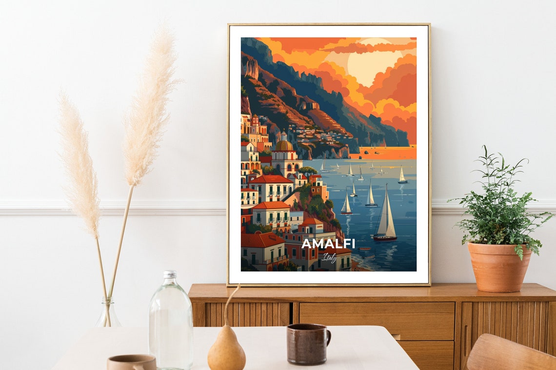 Amalfi Italy Cliffside Town Sunset Sails Mediterranean Poster - Image 2
