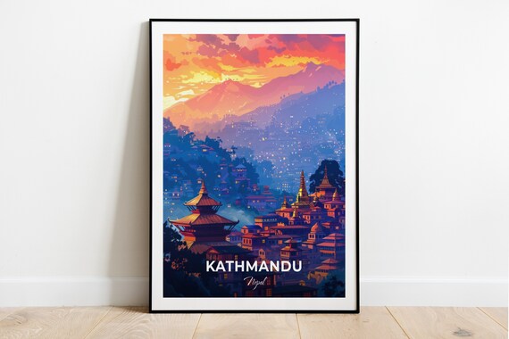 Kathmandu Nepal Pagoda Temples Dusk Golden Mountain Travel Poster