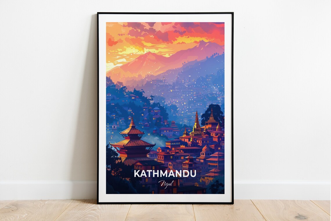 Kathmandu Nepal Pagoda Temples Dusk Golden Mountain Travel Poster