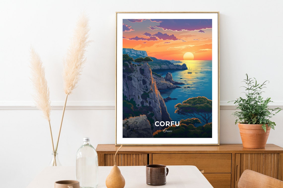 Corfu Greece Rocky Cove Sunset Cliffs Golden Sea Travel Poster - Image 2