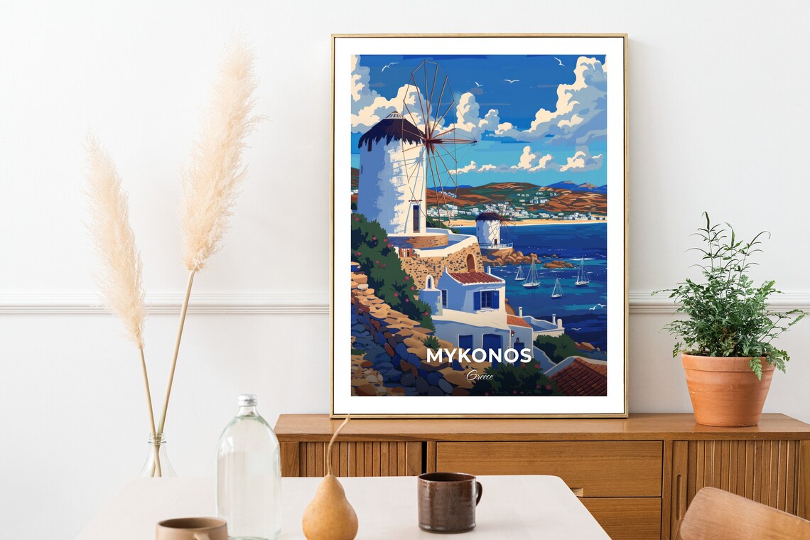 Mykonos Greece Iconic Windmills Above Whitewashed Old Town Travel Poster - Image 3