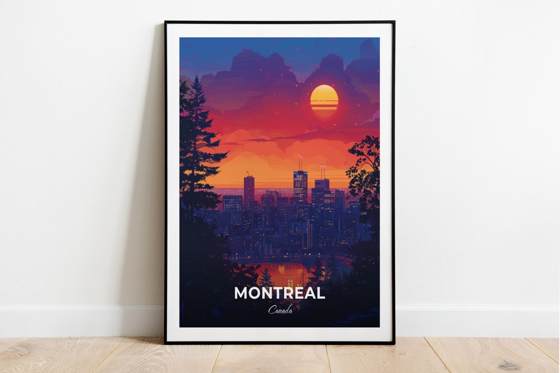 Montreal Canada Downtown Skyline Sunset Red Sun Trees Travel Poster