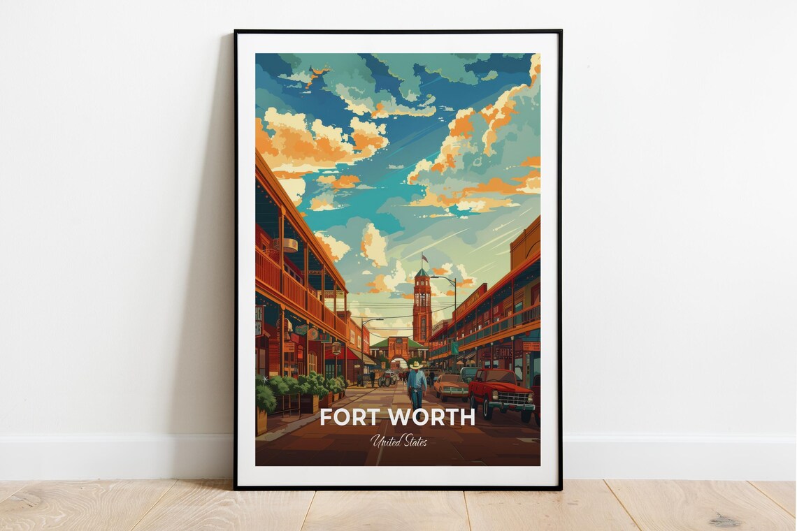 Fort Worth Texas Stockyards Western Street Vintage Travel Poster