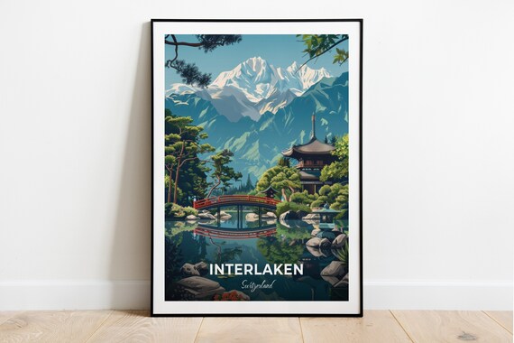 Interlaken Switzerland Japanese Garden Red Bridge Temple Travel Poster