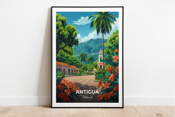 Antigua Guatemala Central Park Church Palm Vintage Travel Poster