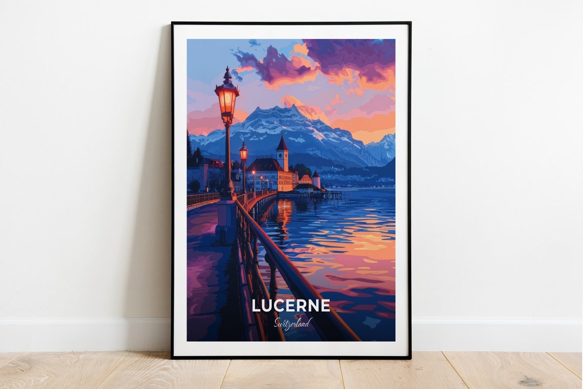Lucerne Switzerland Chapel Bridge Sunset Lake View Travel Poster