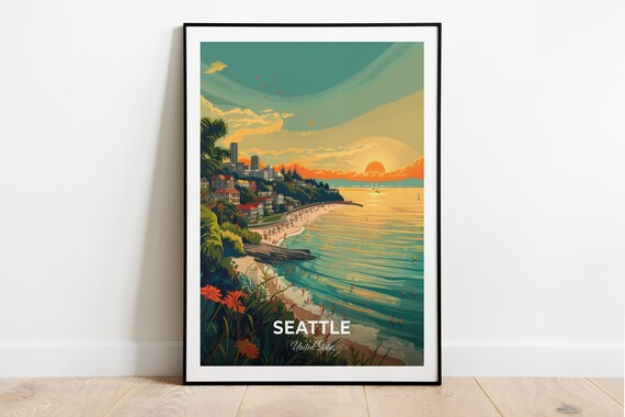 Seattle Alki Beach Sunset Skyline Shoreline Travel Scene Poster