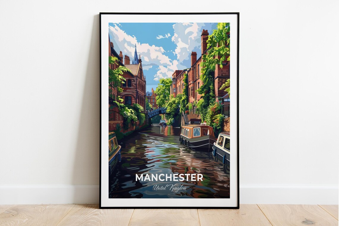 Manchester Castlefield Canal Narrowboats England Travel Poster