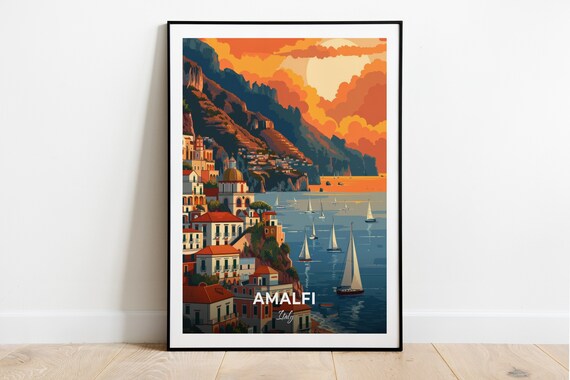 Amalfi Italy Cliffside Town Sunset Sails Mediterranean Poster