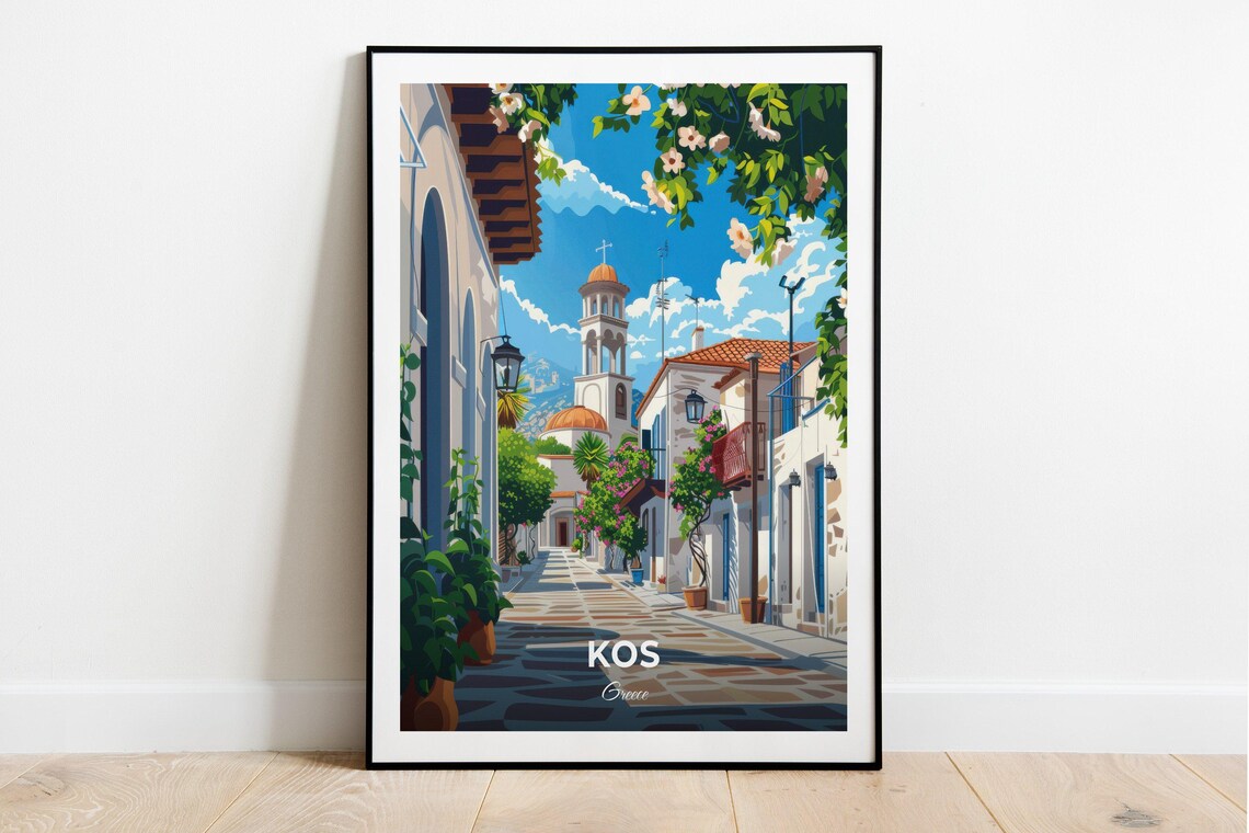 Kos Greece Old Town Street Church Flowers Sunny Art View Poster