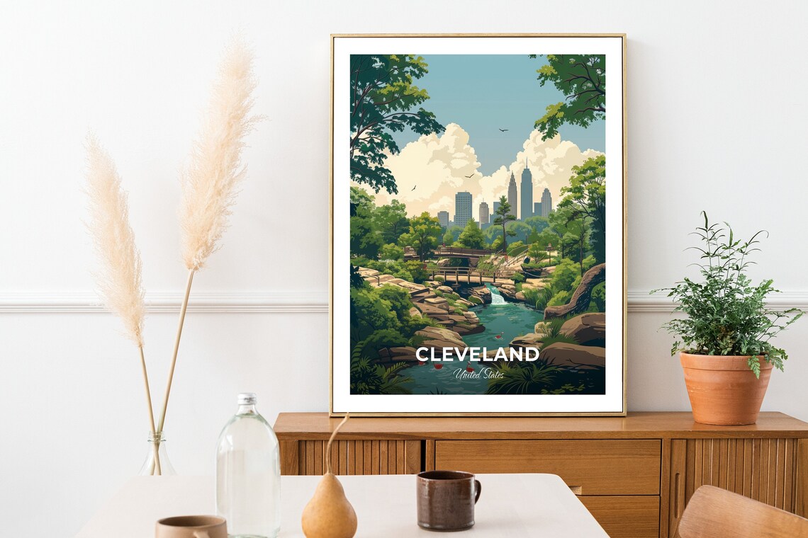 Cleveland Metroparks Gorge Stream Rapids Downtown Skyline Travel Poster - Image 2