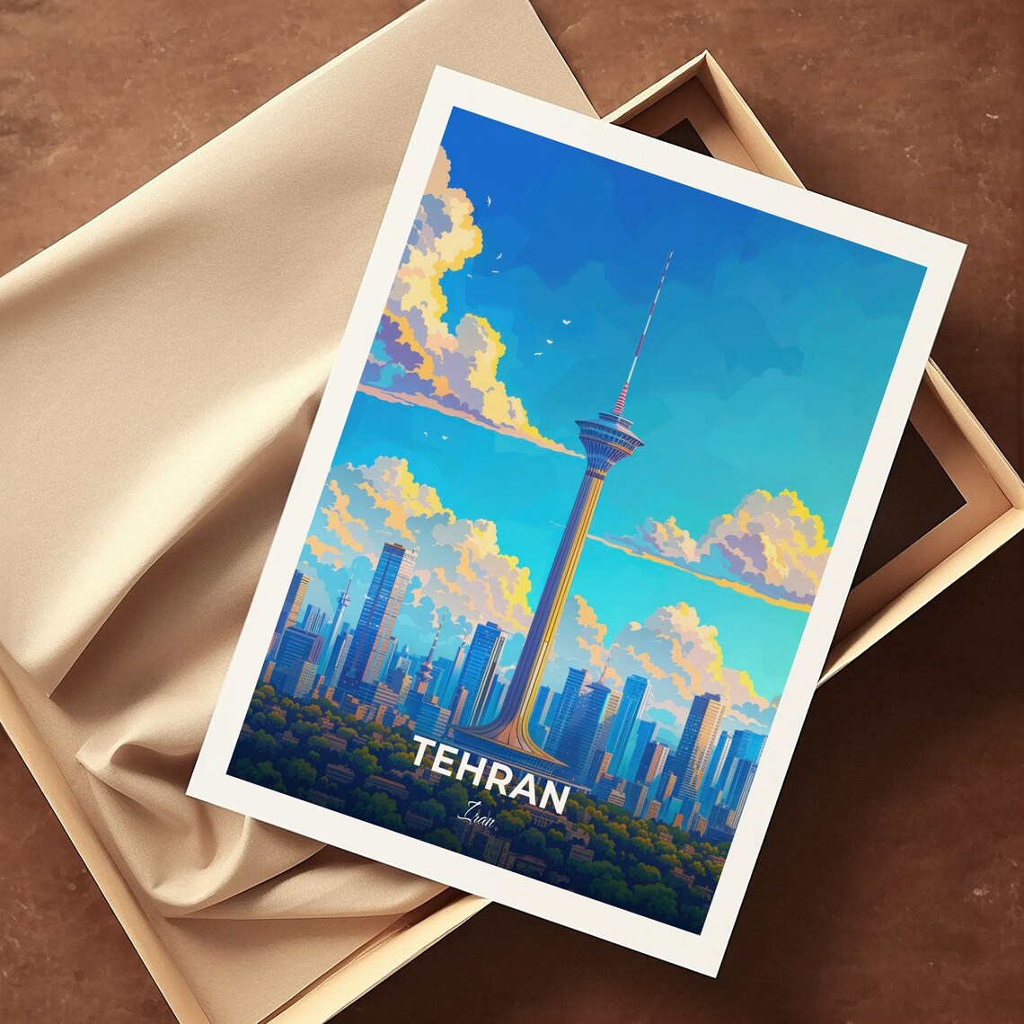 Tehran Iran Milad Tower City Skyline Golden Clouds Travel Poster - Image 3