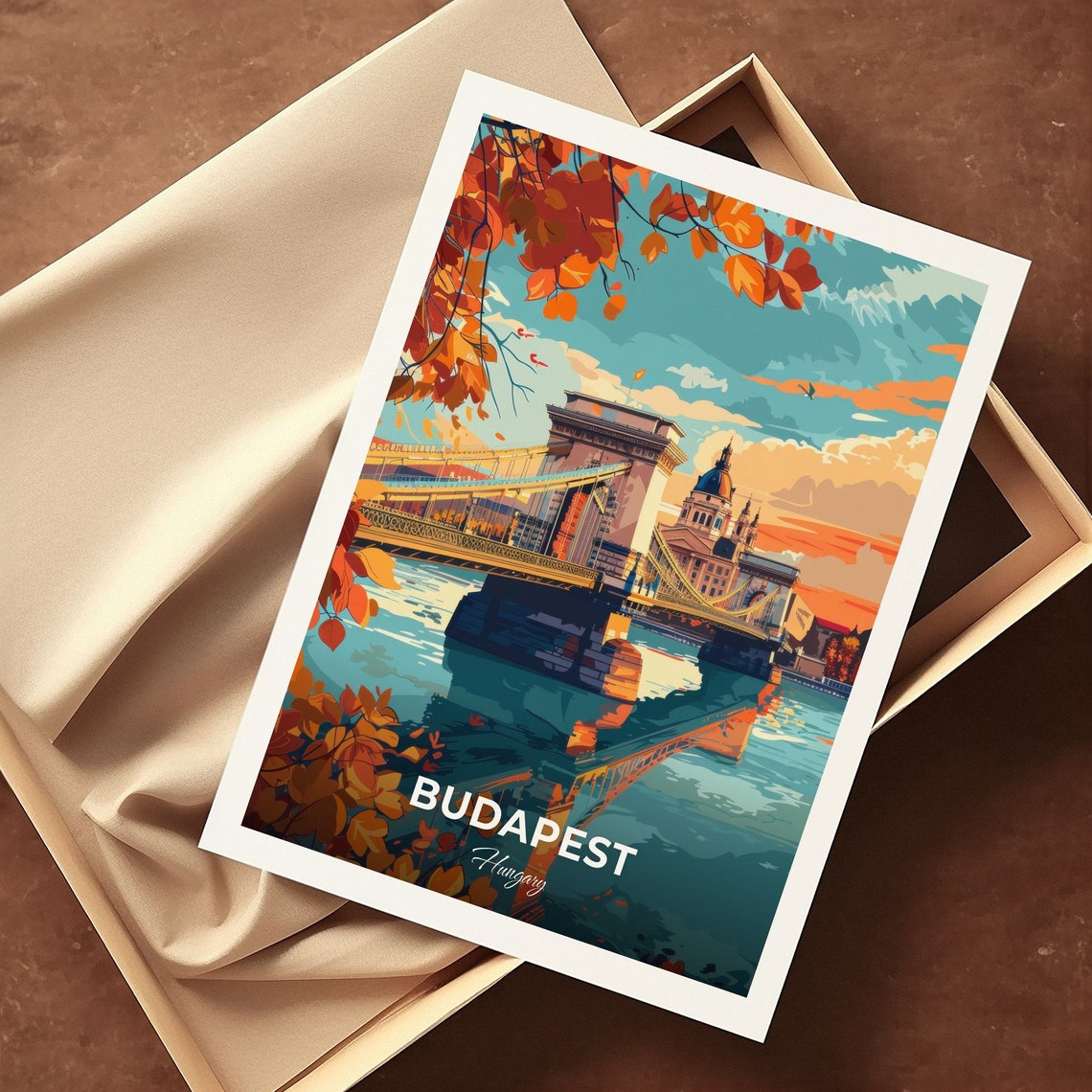 Budapest Hungary Chain Bridge Autumn Sunset River Travel Poster - Image 3