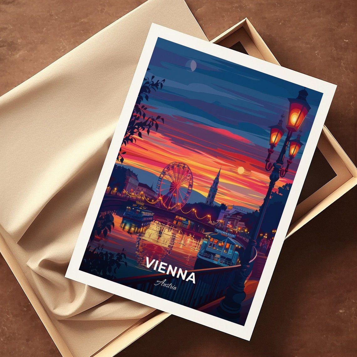 Vienna Austria Prater Ferris Wheel Sunset Riverside Nightfall Poster - Image 3